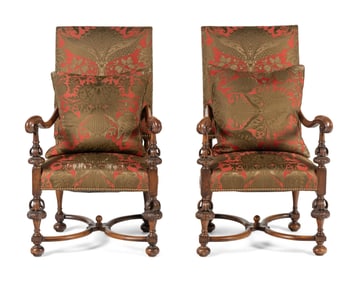 A Pair of William and Mary Style Walnut Armchairs