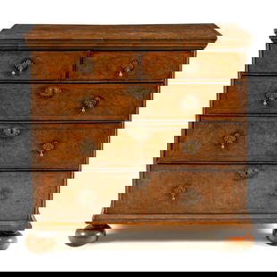 A William and Mary Burl Walnut Chest of Drawers: A William and Mary Burl Walnut Chest of Drawers Late 17th Century Height 38 1/4 x width 39 3/4 x depth 21 inches. Property from a Main Line Philadelphia Private Collector, with Interiors Designed by W