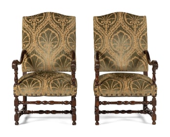 A Pair of William and Mary Style Turned and Carved Beech and Oak Armchairs