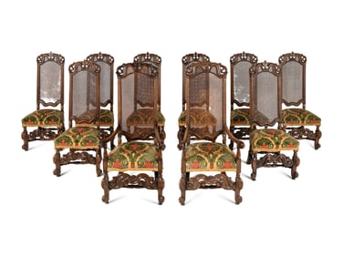 A Set of Ten William and Mary Style Caned and Carved Beechwood Dining Chairs