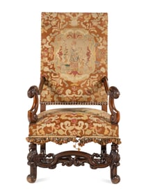 A William and Mary Style Carved Walnut Tapestry-Upholstered Armchair