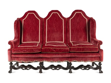 A William and Mary Style Beechwood and Oak, Velvet-Upholstered Three-Seat Sofa
