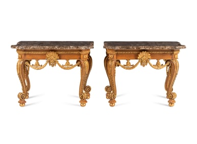 A Pair of George II Style Walnut and Parcel Gilt Marble-Top Pier Tables