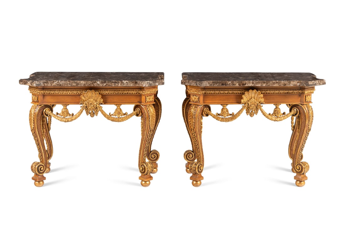 A Pair of George II Style Walnut and Parcel Gilt Marble-Top Pier Tables (1 of 11)