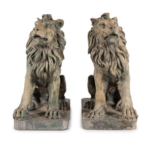 A Pair of Large Painted Composition Lions