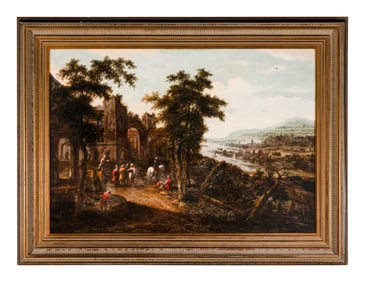 Dionys Verbrugh (Dutch, 1655-1722) An extensive river landscape, with peasants resting on a path by