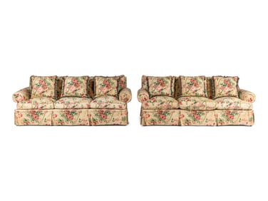 A Pair of Floral Cotton Upholstered Three-Seat Sofas