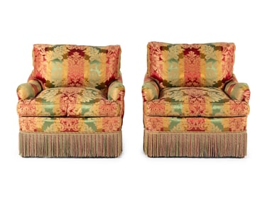 A Pair of Contemporary Damask-Upholstered Lounge Chairs with Bullion Fringe