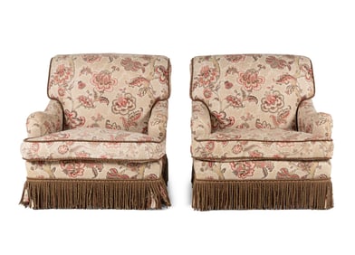 A Pair of Contemporary Bridgewater Style Lounge Chairs with Bullion Fringe