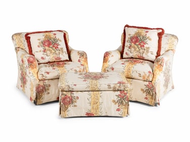 A Pair of Printed Cotton Upholstered Lounge Chairs with Ottoman