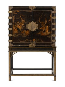 A Japanese Lacquer and Brass Mounted Cabinet on Stand