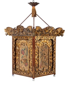 A Chinese Export Giltwood and Silk Needlework Mounted Hall Lantern