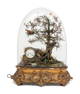 A French Singing Bird Automaton Clock: A French Singing Bird Automaton Clock Attributed to Bontems, Late 19th Century the clock movement stamped 'H & F / Paris' and numbered '22', further bearing the Medaille De Bronze/ S. Marti et Cie