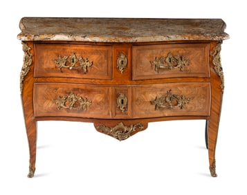 A Louis XV Gilt Bronze Mounted Tulipwood Marble-Top Commode