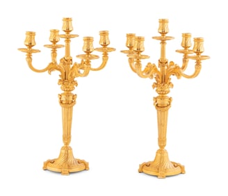 A Pair of Louis XVI Style Gilt Bronze Five-Light Candelabra