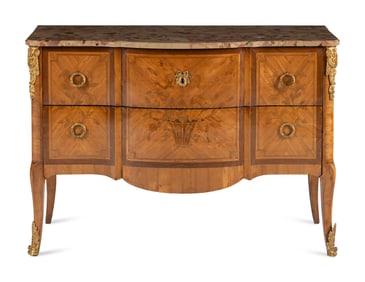 A Louis XV/XVI Transitional Style Marquetry Marble-Top Commode