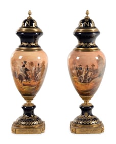 A Pair of Gilt Bronze Mounted Sèvres Style Porcelain Urns