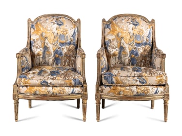 A Pair of Louis XVI Gray-Painted Bergères