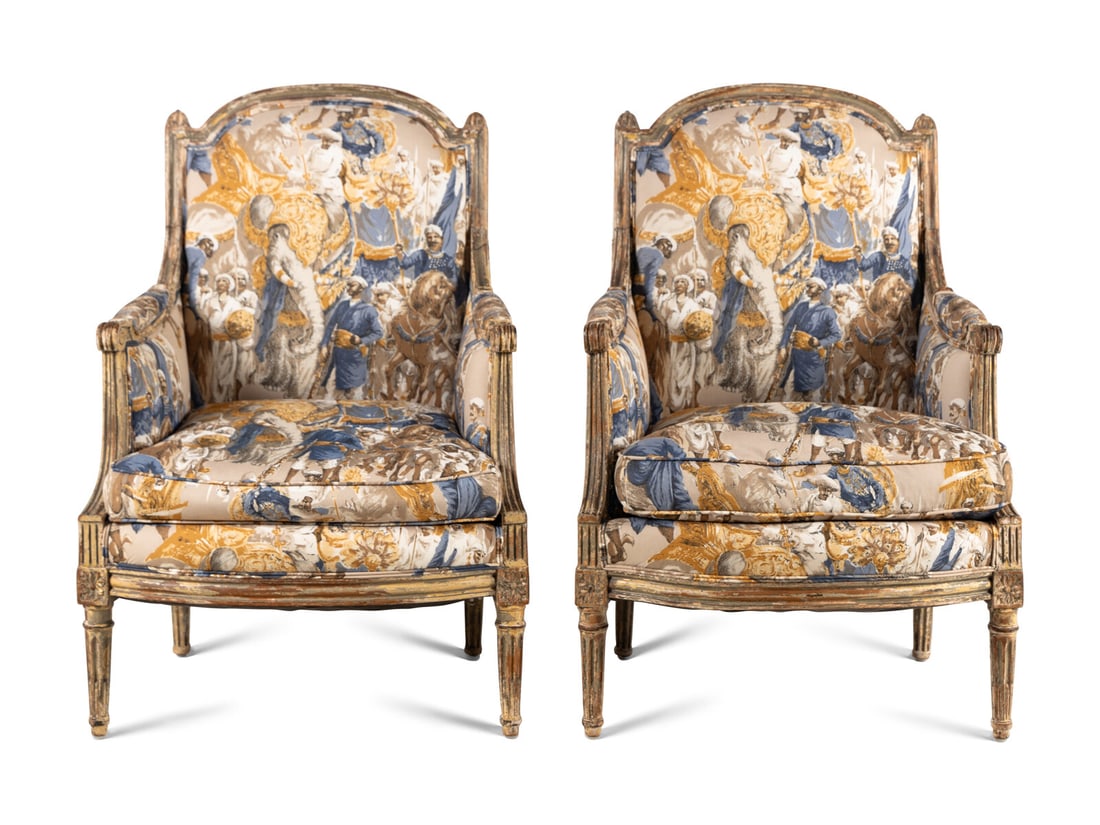 A Pair of Louis XVI Gray-Painted Bergères: A Pair of Louis XVI Gray-Painted Bergères Late 18th Century Height 36 1/4 x width 26 x depth 19 1/2 inches. This lot is located in Chicago.
