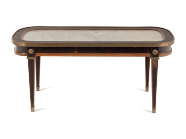 A Louis XVI Style Gilt Bronze Mounted Walnut and Marble-Inset Low Table