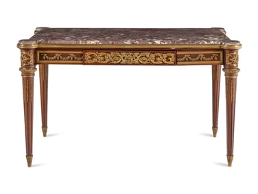 A Louis XVI Style Gilt Bronze Mounted Mahogany Marble-Top Center Table