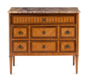 A Louis XVI Style Parquetry Marble-Top Commode