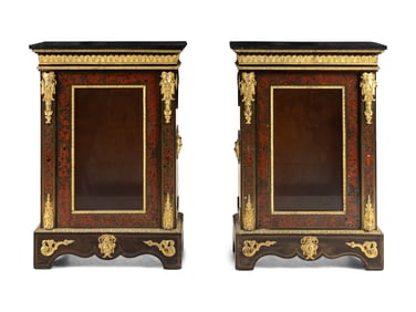 A Pair of French Gilt Bronze Mounted Boulle Marquetry Marble-Top Cabinets