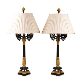 A Pair of Large Empire Style Gilt and Patinated Bronze Five-Light Candelabra