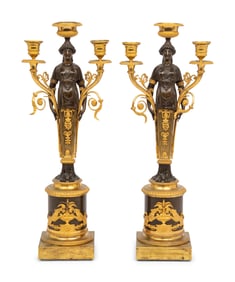 A Pair of Restauration Ormolu and Patinated Bronze Figural Three-Light Candelabra