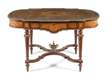 A Napoleon III Gilt Bronze Mounted Marquetry Center Table