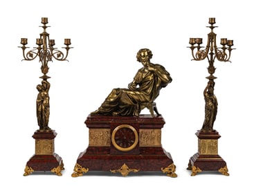 A French Neoclassical Gilt Bronze and Rouge Marble Clock Garniture