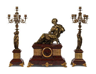 A French Neoclassical Gilt Bronze and Rouge Marble Clock Garniture (1 of 7)