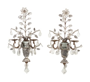A Pair of French Silvered-Metal, Glass and Rock Crystal Two-Light Candelabra