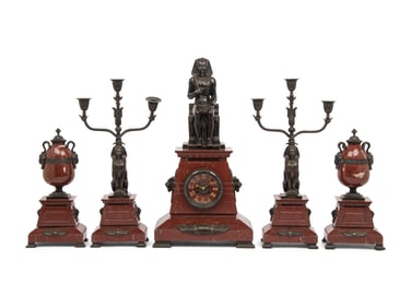 A French Egyptian Revival Bronze and Marble Five-Piece Clock Garniture