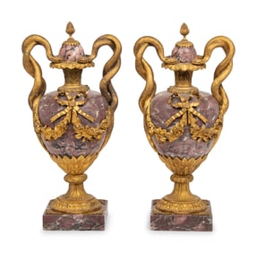 A Pair of French Gilt Bronze Mounted Breche Violette Urns