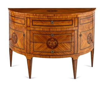 An Italian Fruitwood and Marquetry Demilune Commode