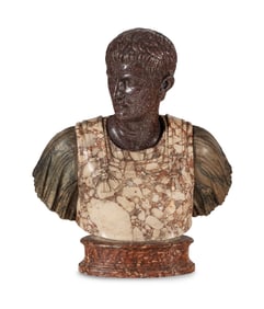 An Italian Carved Breccia Marble and Porphyry Bust of Augustus