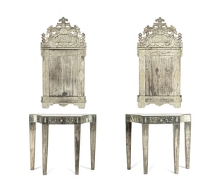 A Pair of Venetian Style Mirror-Veneered Console Tables and Mirrors