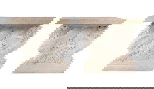A Pair of Neoclassical Carved Marble Side Tables: A Pair of Neoclassical Carved Marble Side Tables Late 19th Century converted from trestle table bases, with associated marble tops (later). Height 39 1/2 x width 42 x depth 24 inches. This lot is loca