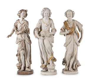 A Set of Three Carved, Painted and Parcel Gilt Wood Figures