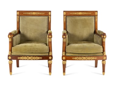 A Pair of Neoclassical Gilt Bronze Mounted Burlwood Bergères