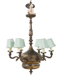 A Continental Bronze Six-Light Chandelier