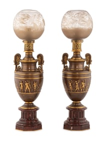 A Pair of Neoclassical Patinated and Parcel Gilt Bronze Fluid Lamps