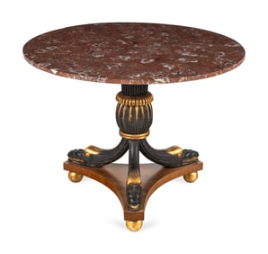 A Continental Neoclassical Style Painted and Parcel Gilt Marble-Top Center Table