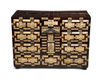 A Spanish Bone and Tortoiseshell-Inlaid Hardwood Table Cabinet