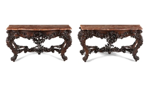 A Pair of English Carved Rosewood Marble-Top Console Tables