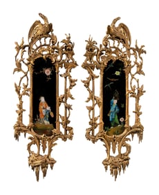 A Pair of George III Giltwood and Reverse-Painted Glass Mirrors