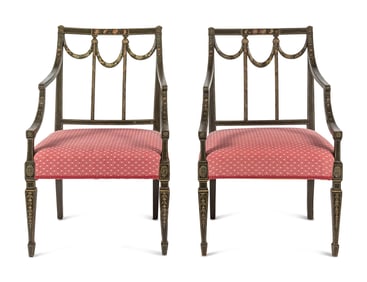 A Pair of George III Polychrome and Green-Painted Open Armchairs