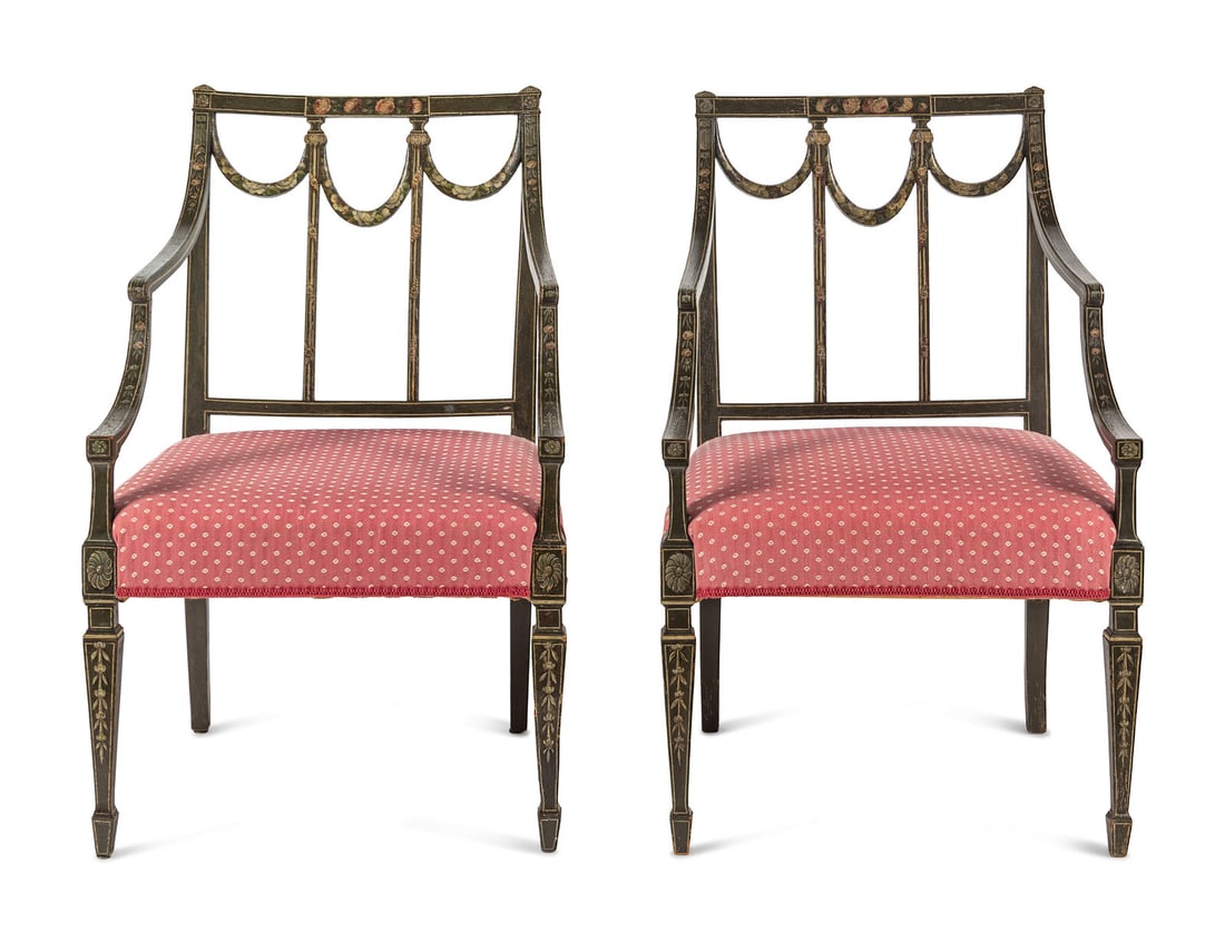 A Pair of George III Polychrome and Green-Painted Open Armchairs (1 of 5)