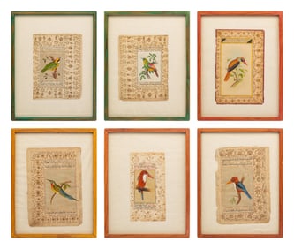 A Group of Six Persian Illuminated Manuscript Pages with Bird Illustrations